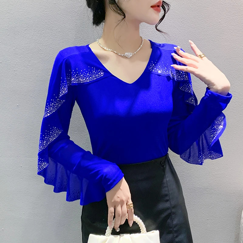 Dingaozlz Chic Style Fashion Ruffles Women Tshirt Diamonds Slim Casual Female Tops Patchwork Contrast Mesh Tees 250513