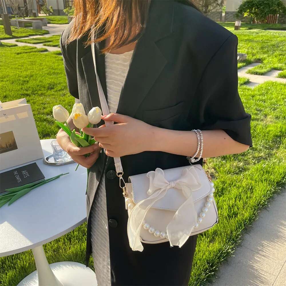 ddmy PU Solid Color Leather Pearl Chain Bow Knot Fashion Top-Handle Women Canvas Large Armpit Shoulder Bag
