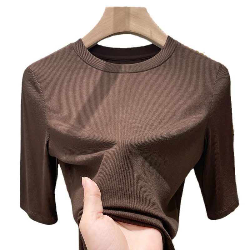 Summer Ice Silk Women T Shirts Solid Color Round Neck Comfortable Fashion Short Sleeve Slim Tops 250513