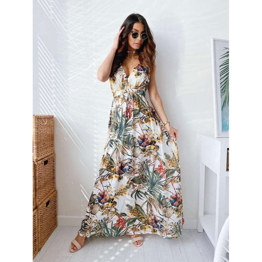 Women Clothes Dress Summer New Print Open Back Strap Dress KQ