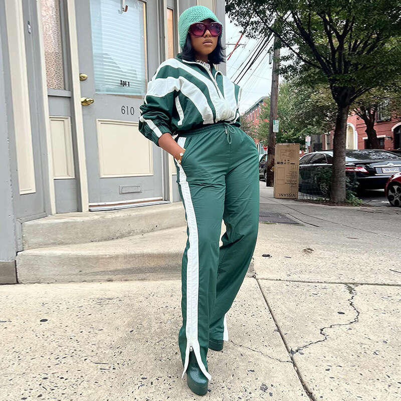 Women's Personalized Street Color Contrasting Jacket Drawstring Top Zipper Casual Pants Woven Two-Piece Set B5