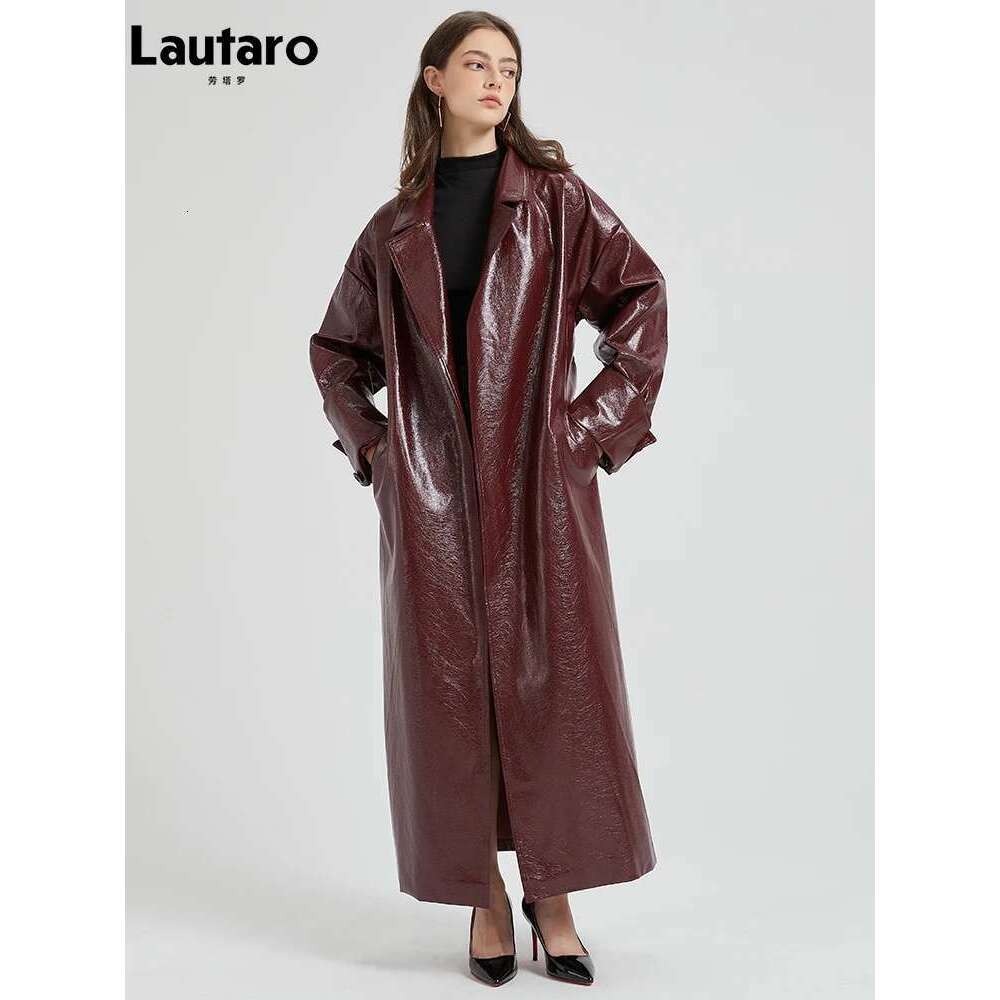 Lautaro Spring Autumn Extra Long Bury Pu Leather Trench Coat for Women with Belt Elegant Designer Maxi Overcoat 2024