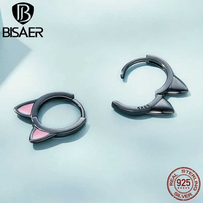 BISAER 100% 925 Sterling Silver Cute Cat Claw Hoop Earrings Black Pink Pet Animal Stud Earring For Women Party Fine Jewelry Gift Y250510