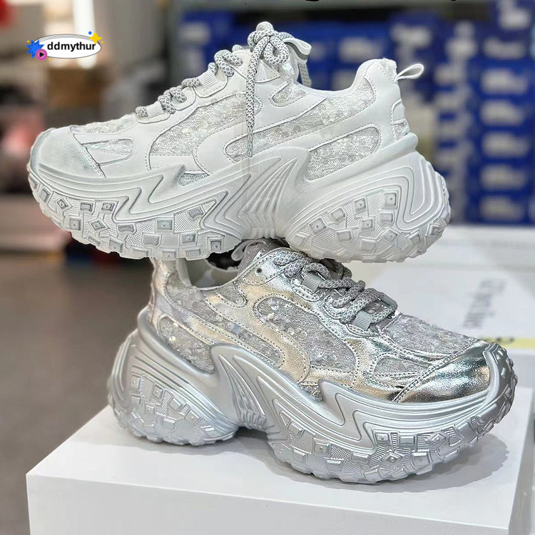 Thick soled height increasing dad women's gradient color dirty shoes, 2024 summer new leather mesh casual sports shoes ddmythur