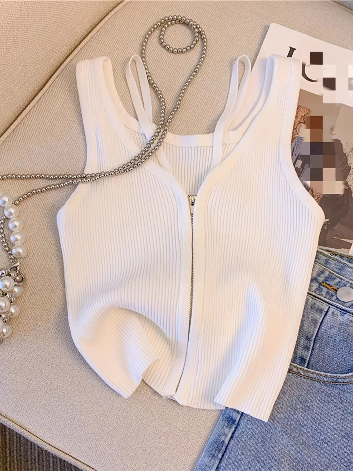 Elegant White Ribbed Knit Zip Vest Front Open VNeck Camis Womens Spring Summer Fashion Staple Crop Top womens clothing 250513