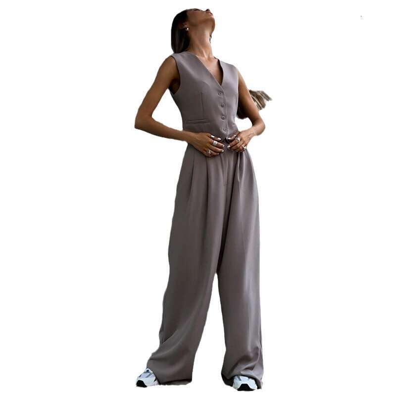 Women's Summer New V-Neck Sleeveless Vest, Hanging Wide Leg Trousers Casual Set B5