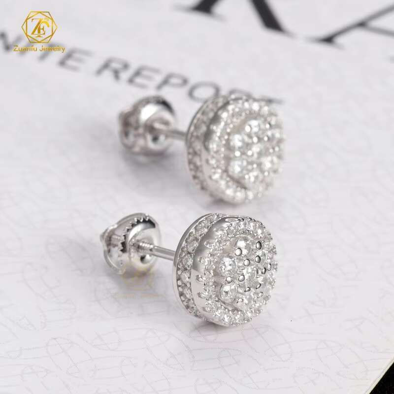 HipHop 925 Silver Iced out Moissanite Stud Earrings round Brilliant Cut Elegant and Chic Jewelry