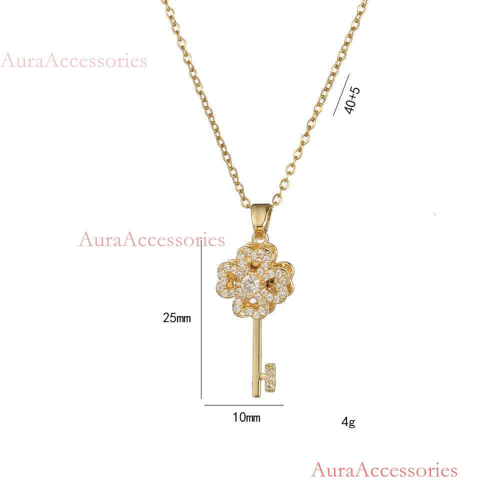 Gold Plated Zirconia Key Women's Custom Spinning Clover Necklace