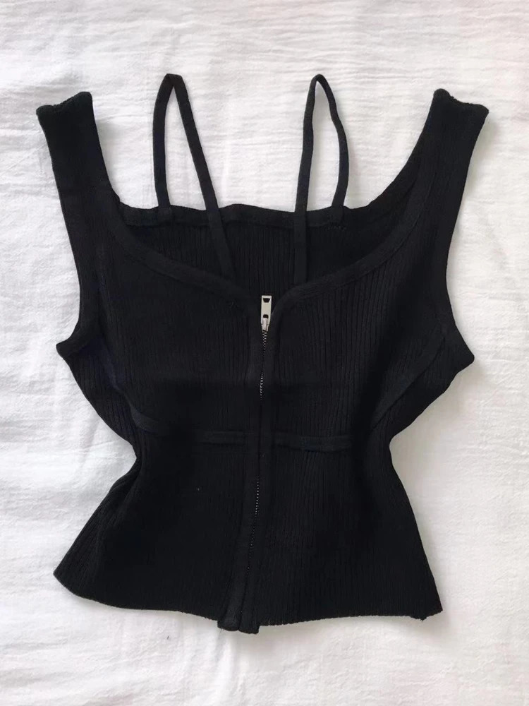 Elegant White Ribbed Knit Zip Vest Front Open VNeck Camis Womens Spring Summer Fashion Staple Crop Top womens clothing 250513
