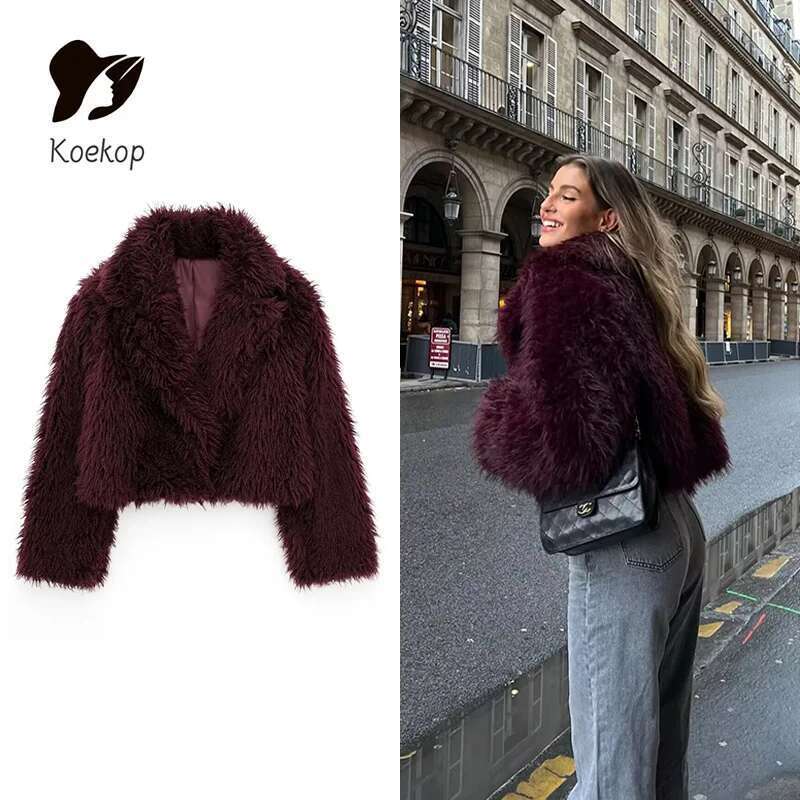 Koekop Women's Fashion Bury Asymmetric Thick Collar Fur Coat Vintage Casual Chic Temperament Lady Short Jacket
