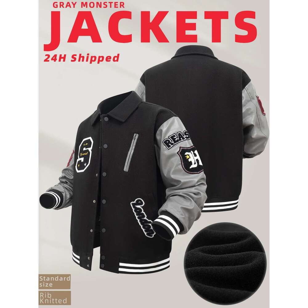 Mens Vintage Turn-down Collar Bomber Jacket Loose Letter Embroidery Coat Fall& Winter Leather Patchwork Varsity Baseball Jackets