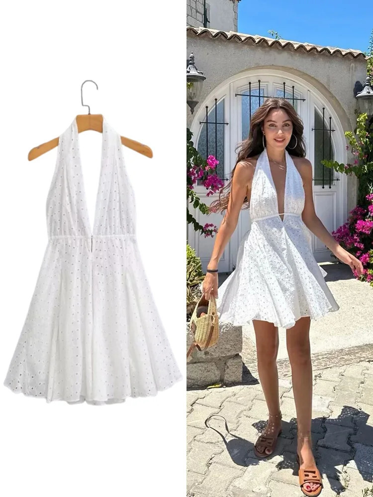 TRAF Womens Deep V Neck Hollow y Hanging Dress Sexy Strapless Backless Tie Decoration Elegant Short Dresses 250513