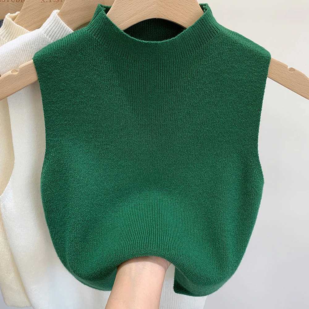 Womens Vest Tank Top Solid Color Knitted Tees T-Shirt Top Cropped Top Camisole Sweater Half-turtleneck Spring Autumn Sleeveless M250513