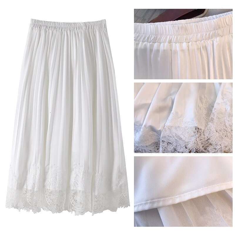 Plus size women's spring summer casual White polyester fabric lace hem design loose and comfortable party skirt