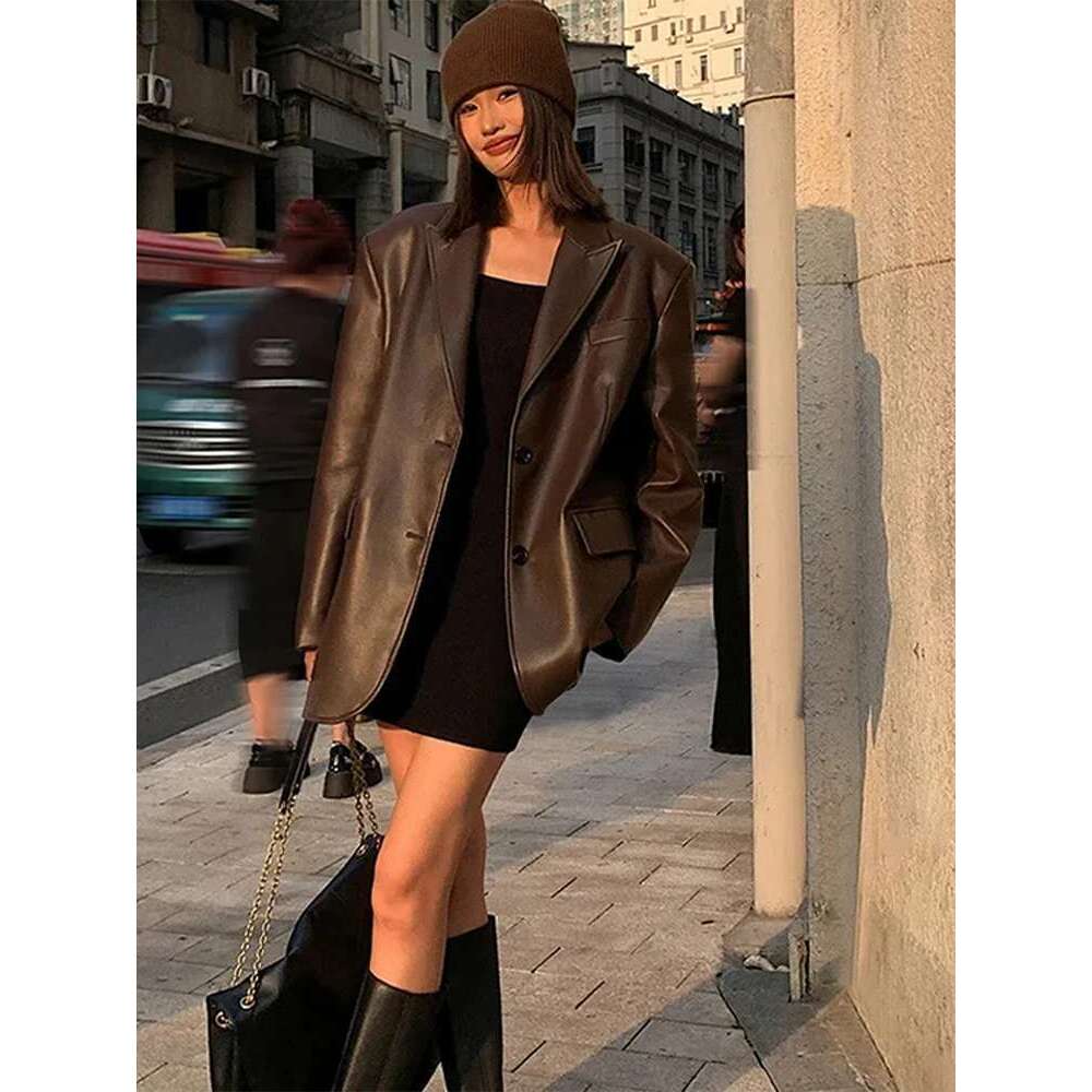 PU Leather Suit Jacket Coat Brown Woman Texture Vintage Street Trends Motorcycle Jackets Loose Casual Thickened Overcoat Top
