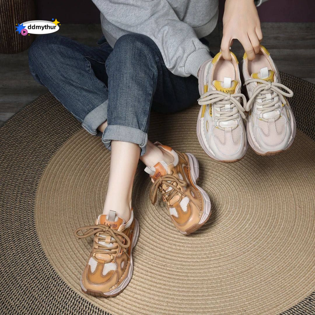 Real leather mesh dad for women in the spring of 2025, new thick soled color blocked height increasing sports style casual Forrest Gump shoes ddmythur