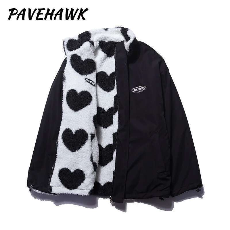 Women Double-sided Lamb Fur Plush Coat Couple Loose Heart Print Love Padded Jackets Casual Zipper Winter Stand up Collar Outwear