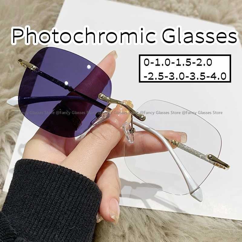 Female Rimless Photochromic Sunglasses Men Women Luxury Near Sight Eyeglasses Trendy Anti-UV Color Changing Myopia Glasses W250513