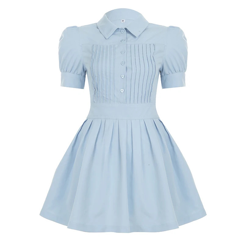 Fashion Solid Ruched Button ALine Pleated Women Dresses Puff Sleeve Slim Fit n Summer Sweet Frocks 250513