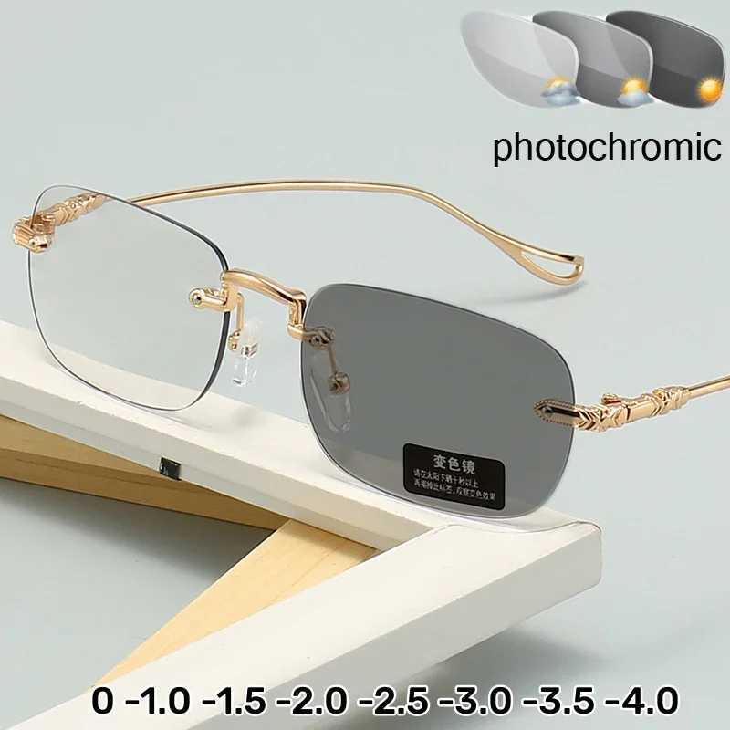 Photochromic Myopia Glasses Luxury Rectangular Square Near Sight Eyeglasses Fashion Color Changing Minus Eyewear Diopter To -4.0 W250513