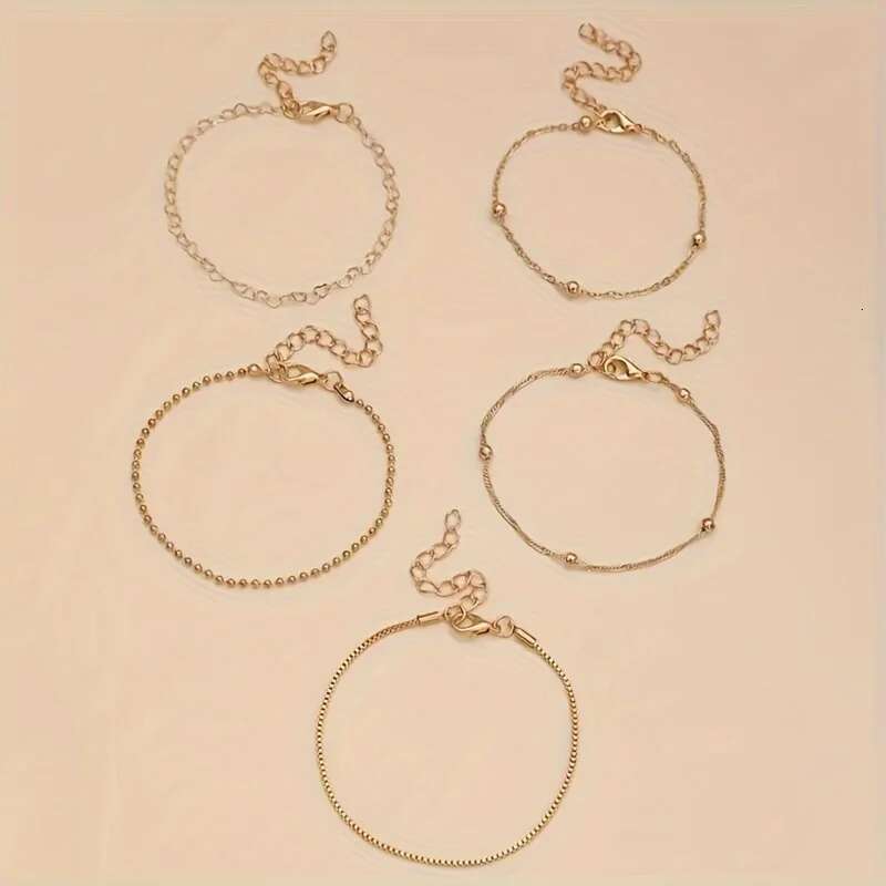 5 Pcs Set Of Tiny Golden Design Bracelet Zinc Alloy Jewelry Elegant Leisure Style For Women Daily Stackable Hand Chain