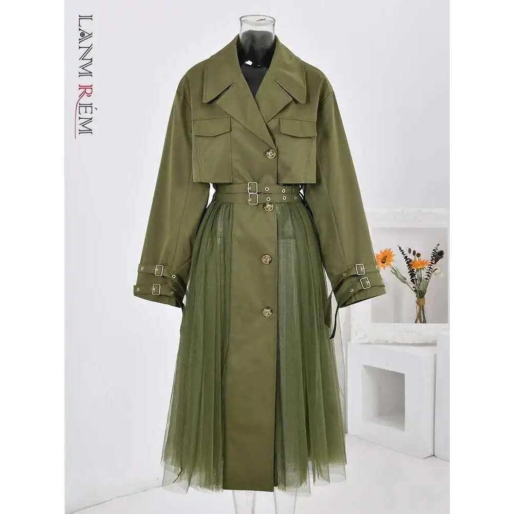 LANMREM Vintage Gauze Patchwork Windbreaker Women Lapel Double Belt Gathered Waist Trench Fashion New Clothing 2R1801