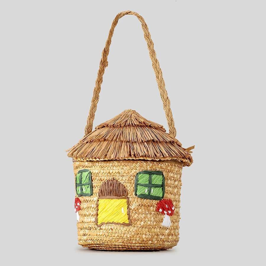 Creative Cartoon House Women Shoulder Bags Paper Woven Cute Handbags Handmade Summer Beach Bag For Girls Children 2025