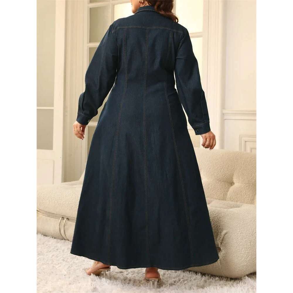 Wmstar Plus Size Dresses for Women Denim Button Solid Long Fashion Elegant Maxi Dress Fall Winter Clothes Wholesale Dropshipping