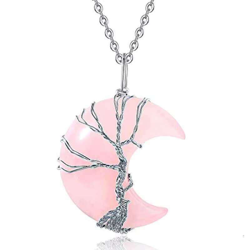 Life Tree Crescent with Metal Wire Wrapped Crystal Stone Pendant Natural Amethyst Quartz Necklace