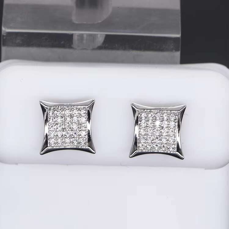 Iced Out Hip Hop Square Sterling Silver 925 White Gold Plated Screw Back Moissanite Diamond Stud Earrings Men