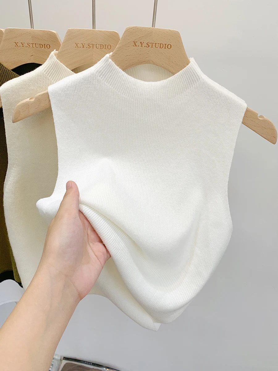 2024 Women Knitted Tank Top Summer Fall Slim Sweater Short Sleeveless Solid Spring Autumn Sweaters Pullovers 250506