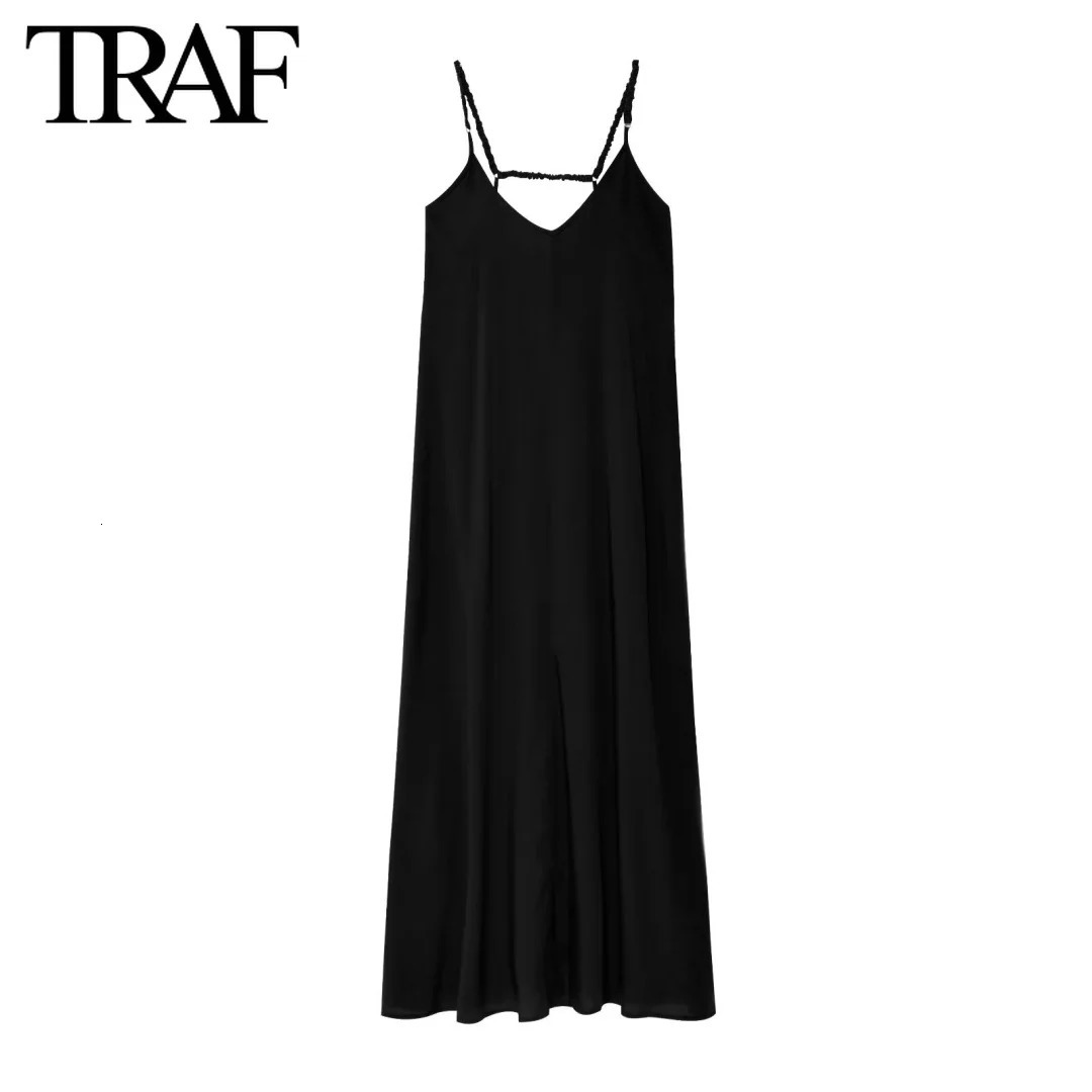 TRAF Dress for Women Fashion Summer Solid Fold Backless Sling Sleeveless Midi Dresses Chic Female French Evening 250513