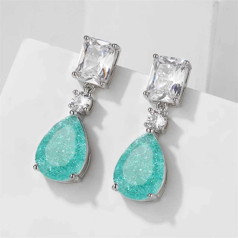 UILZ New Ice Crack Design Fashion Green Square Water Drop CZ Zircon Dangle Earrings for Women Wedding Party Jewelry Y250510