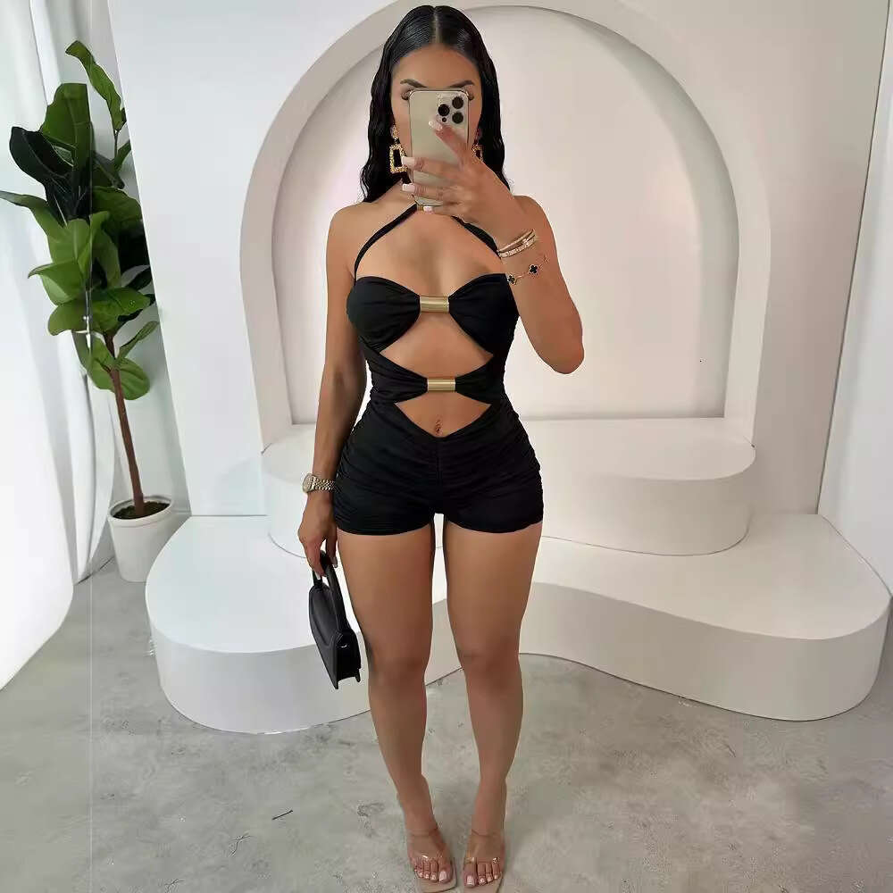 Women's New Personalized Hollowed Out Metal Pipe Splicing With Contrasting Bow Tie Hanging Neck Jumpsuit Shorts B5