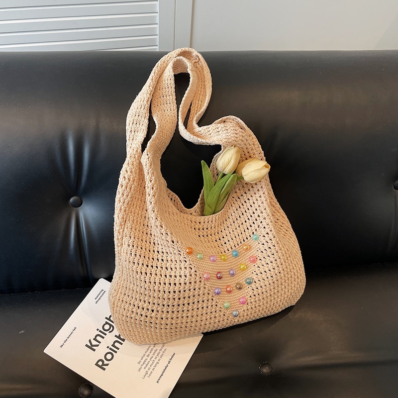 Beach commuting one shoulder tote vacation woven summer colorful pearl hollow out large capacity armpit bag, women's