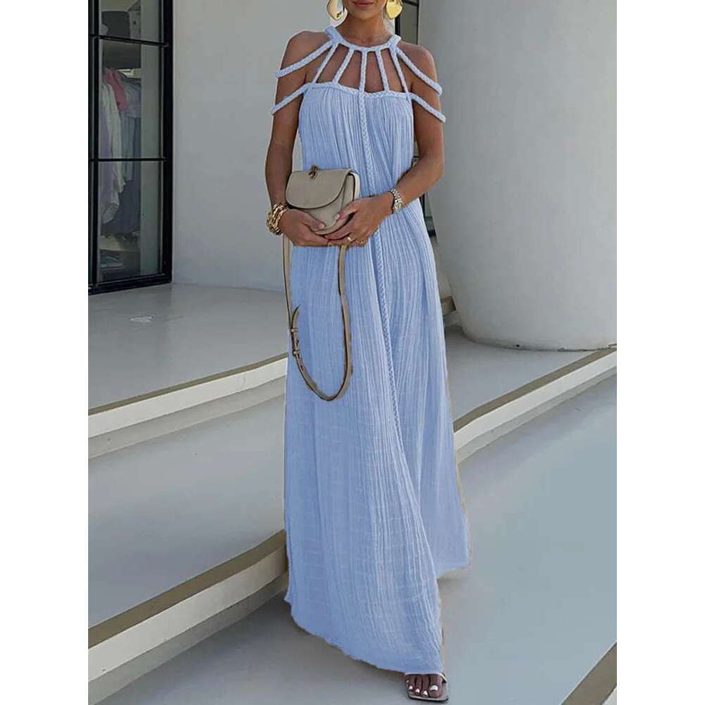 O-Neck Loungewear Hollow Out Party Women Summer Beach Style Fashion Maxi Dress, New Solid Sleeveless Elegant Ladies Dress