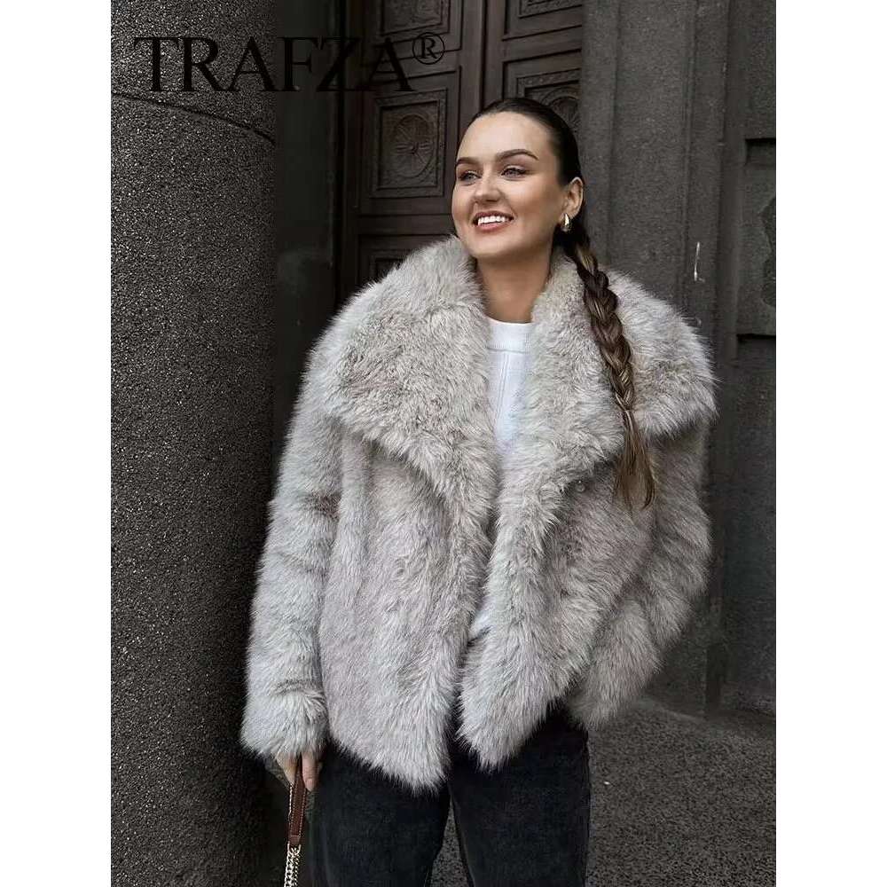 TRAFZA Women Fashion Faux Fur Jacket Vintage Turn-Down Collar Long Sleeve Coat Autumn Winter Woman Elegant Streetwear Designer Designer