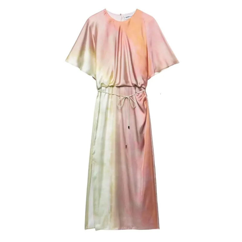 HipSeam Women Tie Dye Long Dress With Belt Spring Printed Short Sleeve O Neck Dresses Elegant Chic Party 250513