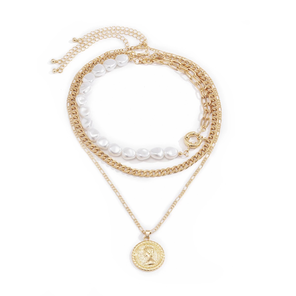 Trendy Multi-Layered Necklace with Coin Pendant & Pearls, Stylish Gold Silver Layered Chain Jewelry for Women
