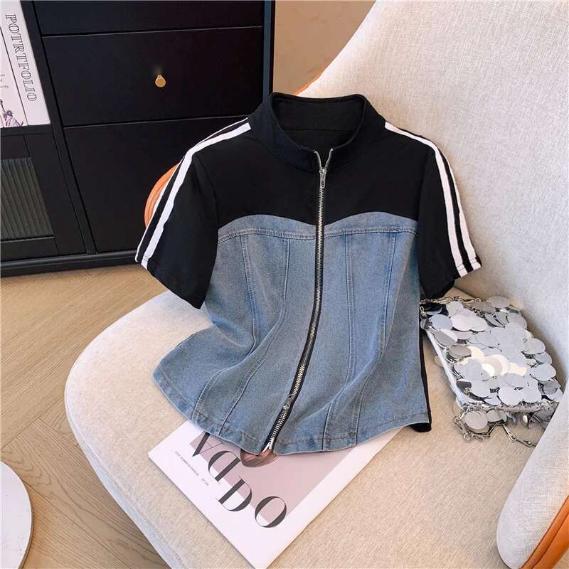 Summer New ed Zipper T-shirt top Female Elegant Women's Jeans Casual Blouse Two Piece Set Ladies Tracksuits big