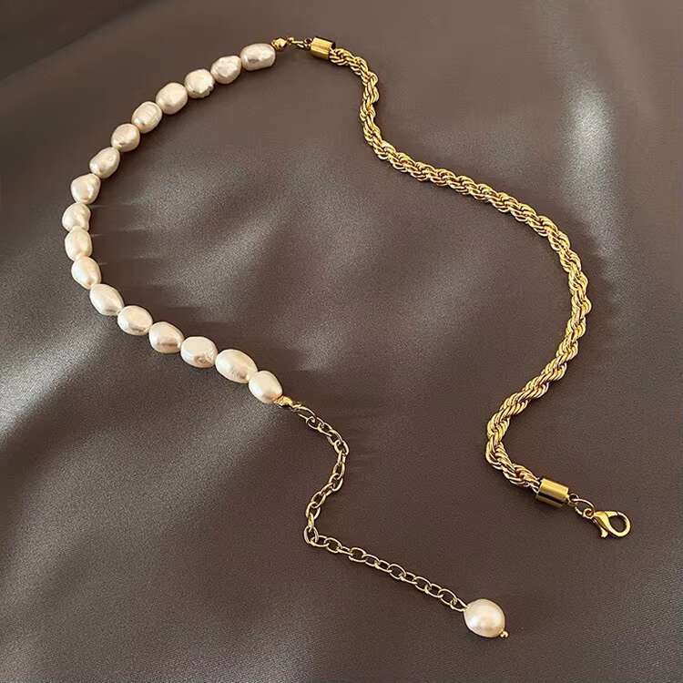 Fashion women's jewelry pearl pendant splicing stainless steel twisted gold-plated hip-hop necklace trend simple collarbone chain
