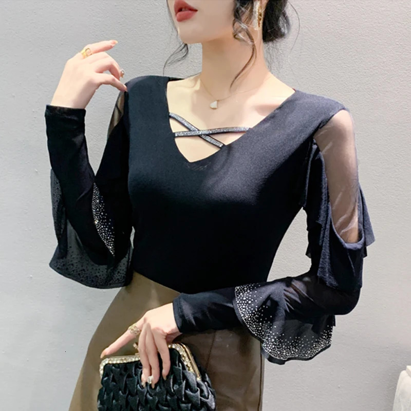 Dingaozlz Chic Style Fashion Ruffles Women Tshirt Diamonds Slim Casual Female Tops Patchwork Contrast Mesh Tees 250513