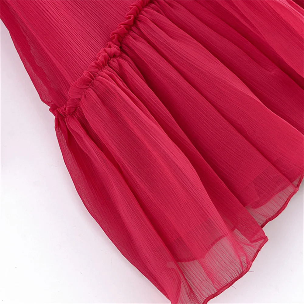 UNIZERA womens fashionable solid color pleated effect long sleeved temperament summer dress 250513