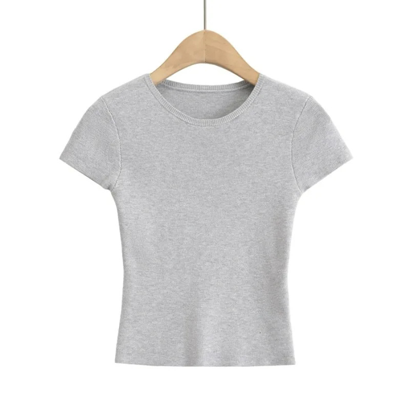 Womens Short Sleeve Crop Top Solid Slim Fit Crew Neck Tee Basic Skinny Knit Tight Athletic Casual Workout Yoga Tshirt 250513