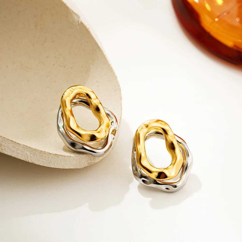 Geometric Stainless Steel Gold Sliver Color Bilayer Stud Earring for Women Irregular Metal Texture Fashion Jewelry Gift Y250510