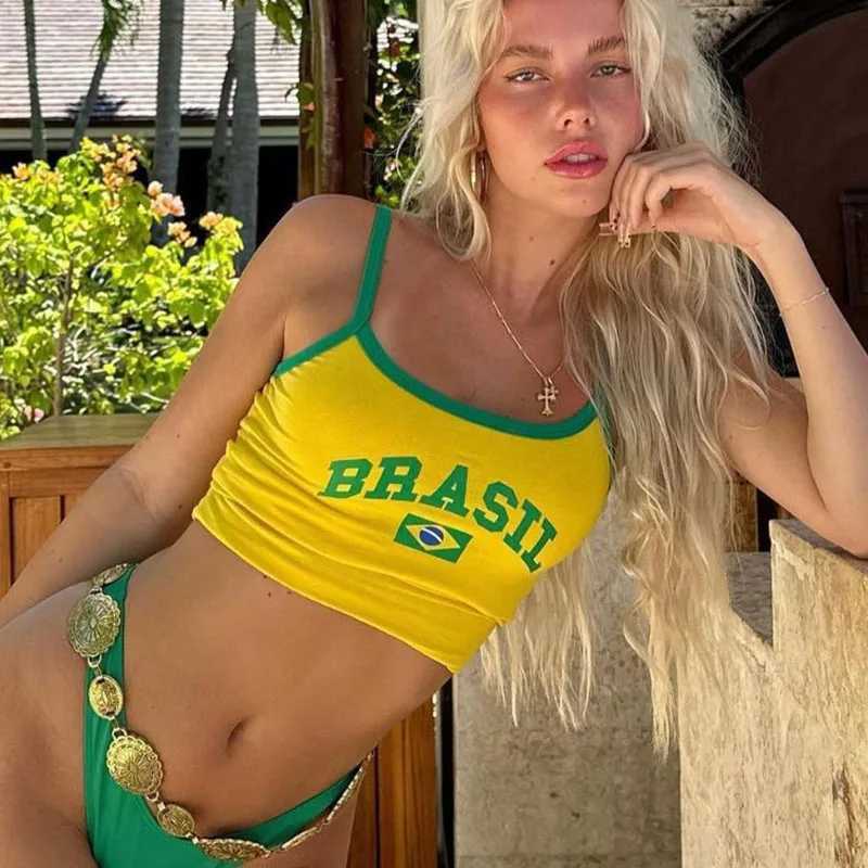 Y2k Aesthetic Brasil Graphics Yellow Camisole Vintage Gothic Clothes Punk Grunge Women Corset Tank Top Baby Tee Crop Top E-girls M250513