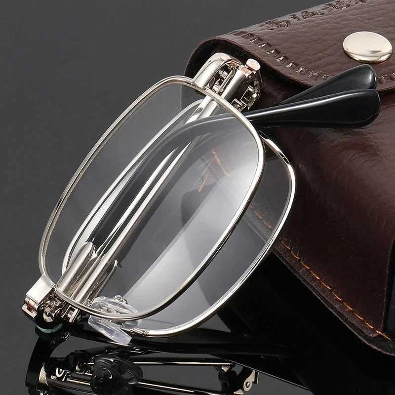Trend Foldable Metal Blue Light Blocking Reading Glasses Men Portable Metal Eyewear Presbyopia Diopter Glasses with Leather Case W250513