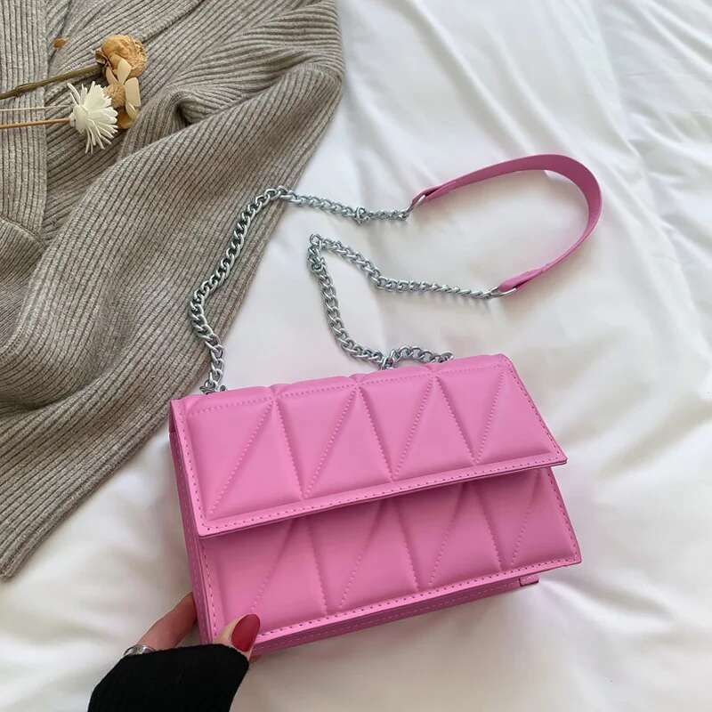 ddmy Chain Solid Color Strap Flap Shoulder Bag Ladies Handbags, Embroidery Plaid Crossbody Bags For Women Daily Used Handbags,