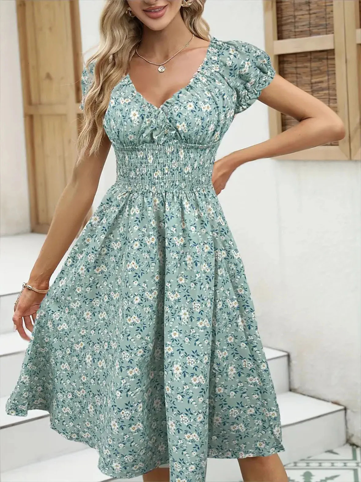 Spring Summer Women Floral Dress French Style Ruffled Sleeves Wrap Waist Boho Beach Sundress Cottagecore 250513