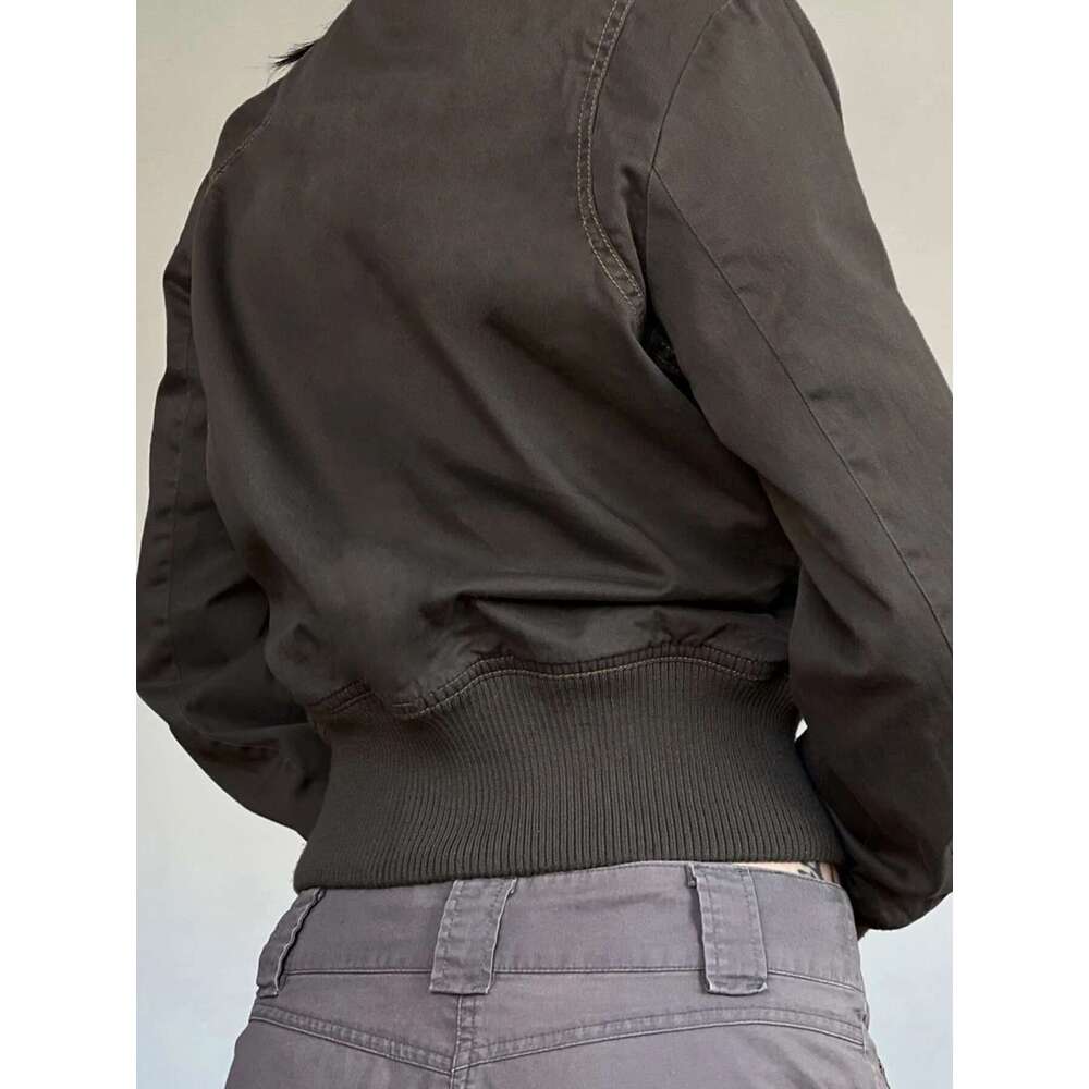 Rockmore Vintage Cropped Jackets for Women Haruku Slim Fit Lapel Zipper Coat Y2K Streetwear Long Sleeve Autumn Outerwear New